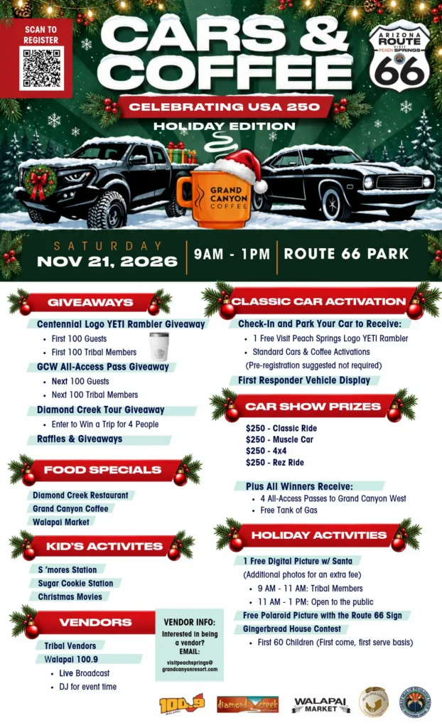 Cars & Coffee Celebrating USA 250 Holiday Edition flyer: Saturday, November 21, 2026, 9AM–1PM at Route 66 Park, Peach Springs, AZ